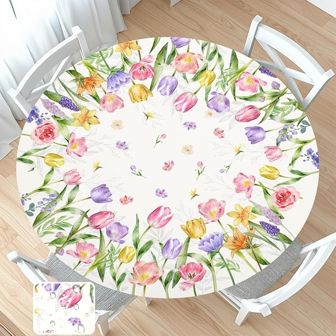 Spring Summer Easter Round Fitted Tablecloth by Unknown