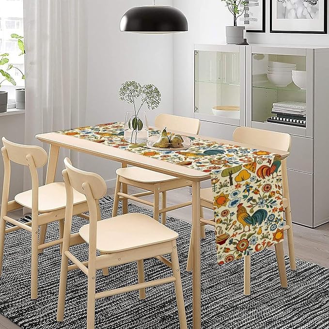 Farm Animal Table Runner, Boho Folk Style Country Rustic Farmhouse Rooster - Image 3