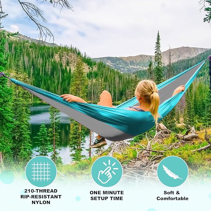 Camping Hammock for 2 with 210T Parachute Fabric in Sky Blue