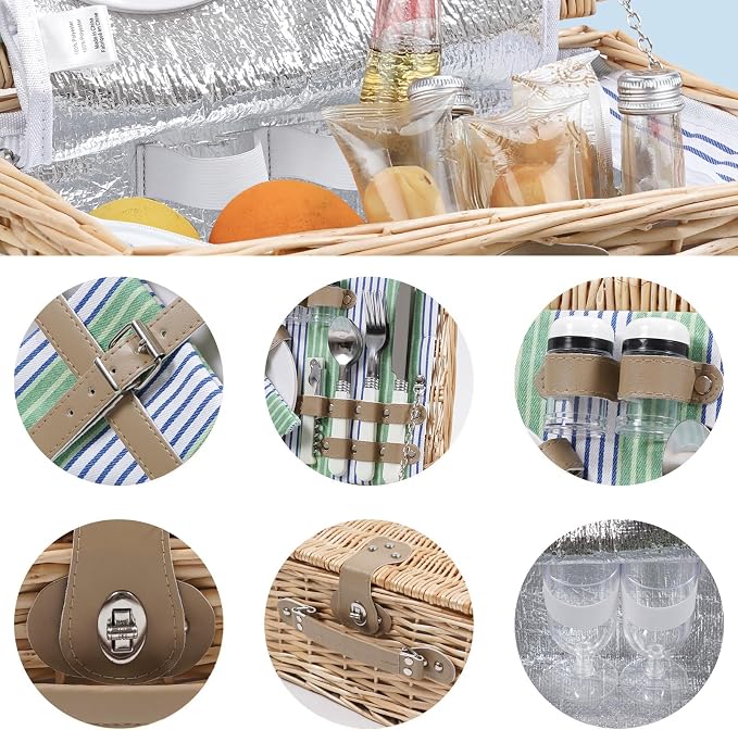 Wicker Picnic Basket for 2 Person, Willow Hamper Basket Sets - Image 7