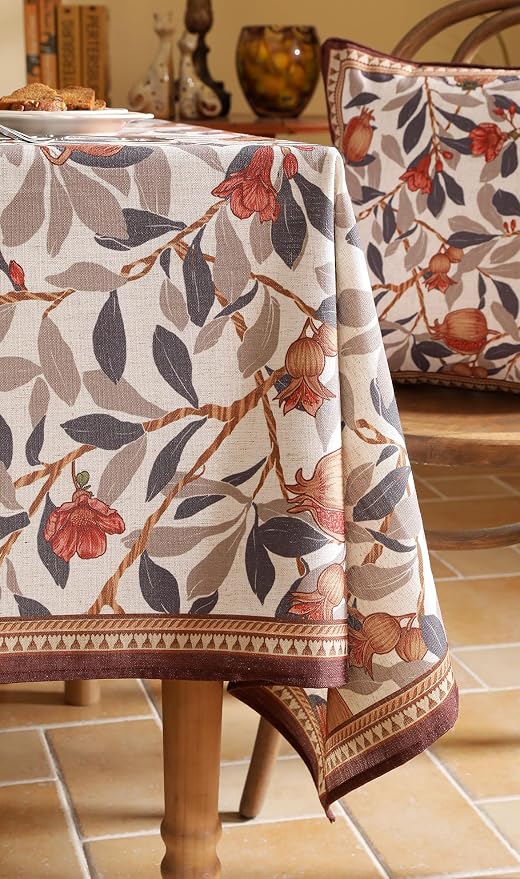 patdrea Designer Vintage Rectangle Tablecloth, Linen Pomegranates and Leaves - Image 9