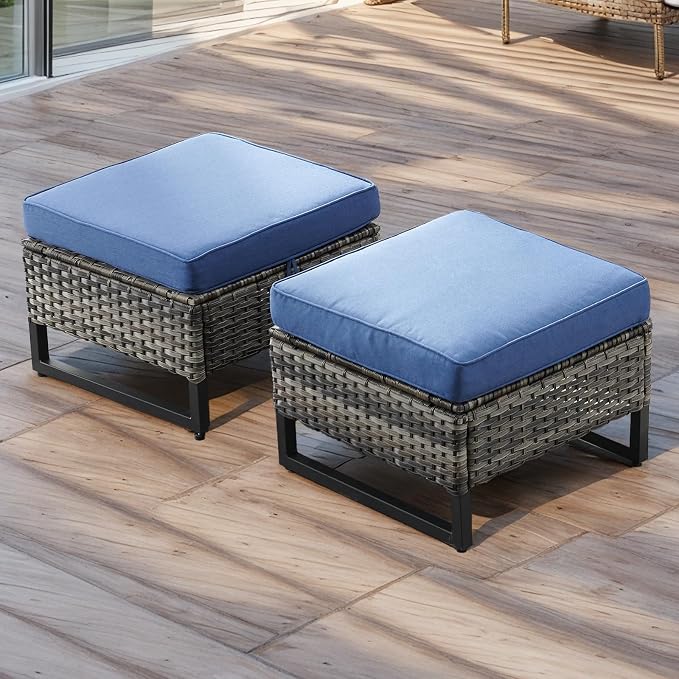 HUMMUH Outdoor Ottomans for Patio Set of 2 PE Wicker Outdoor Footstool by HUMMUH