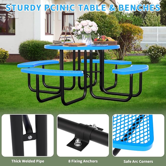 46'' Round Metal Picnic Table for Outdoors, Commercial Steel Metal Picnic Tables - Image 6