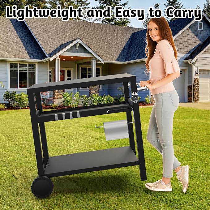 29.5''x19.6'' Outdoor Grill Cart, Pizza Oven Table Stand, 3-Shelves Food Prep - Image 3