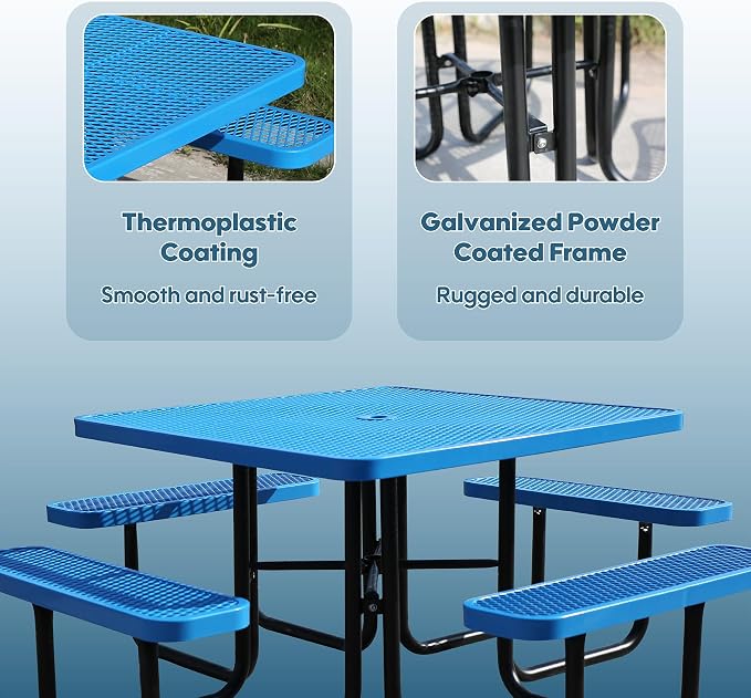 46'' Square Picnic Table for Outdoors, Commercial Steel Metal Picnic Tables - Image 3