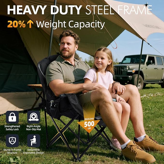 Camping Chair with Steel Frame, Cup Holder and Cooler Bag in Black