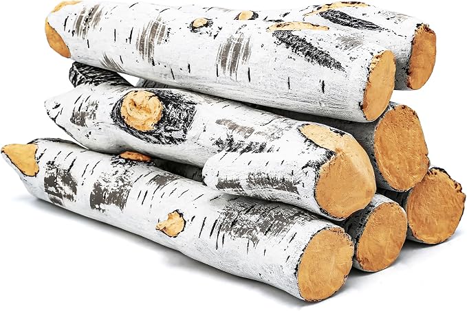 Gas Fireplace Logs, Birch Logs 7pcs Fake Fireplace Insert, Faux Ceramic White by Uniflasy
