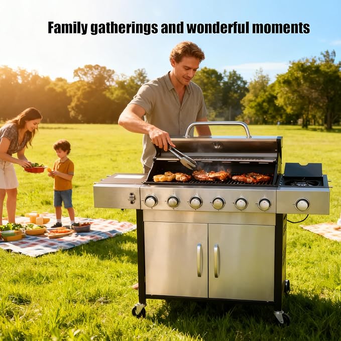 6-Burner Gas Grill with Side Burner, 65850 BTU Outdoor BBQ Grill, 620 sq in - Image 2