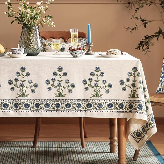 patdrea Designer Vintage Small Blue Rectangle Table Cloth, Linen Leaves Pattern - Image 2