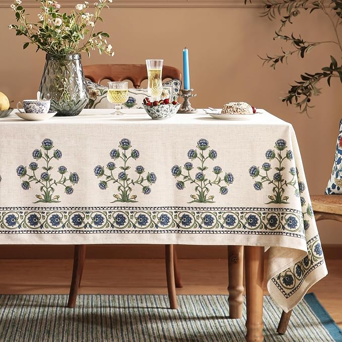 patdrea Designer Blue Square Tablecloth Table, Vintage Linen Leaves Floral - Image 2