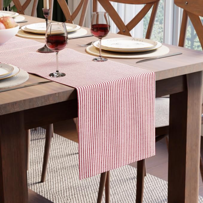 Encasa XO Cotton Dining Table Runner | Ticking Red | Size 13x94 in by EncasaXO