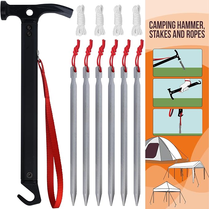 Eurmax USA Hiking Camping Tent Stakes and Hammer Set Lightweight Multi-Function by Eurmax