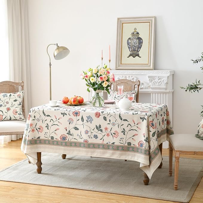 ISAENNE Designer Chinoiserie Linen Floral Small Square Tablecloth, Elegant - Image 9