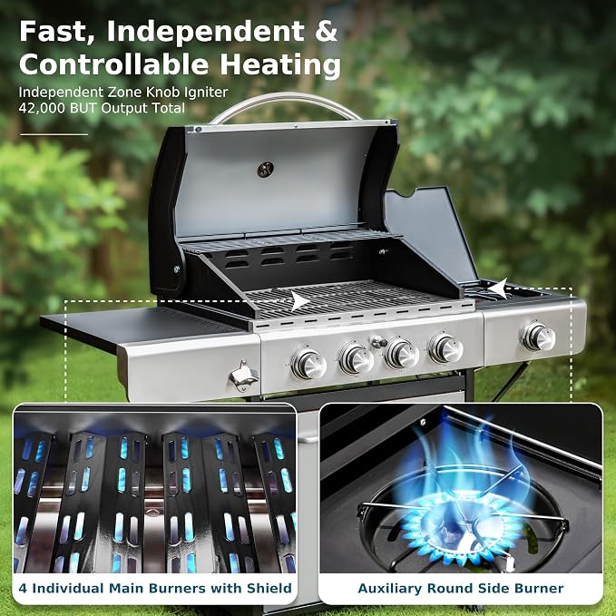 MFSTUDIO 4-Burner Propane Gas Grill, Stainless Steel BBQ Grill - Image 4