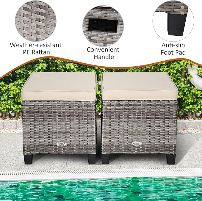 Tangkula 2 Pieces Patio Rattan Ottomans, Outdoor Wicker Footstool Footrest Seat - Image 7