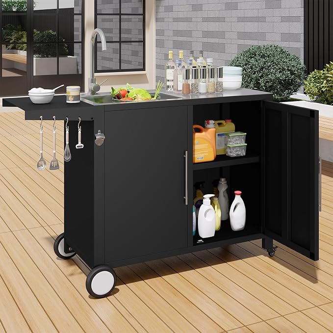 Grill Table with Sink, Outdoor Stainless Steel Kitchen Island Cabinets Sink - Image 2