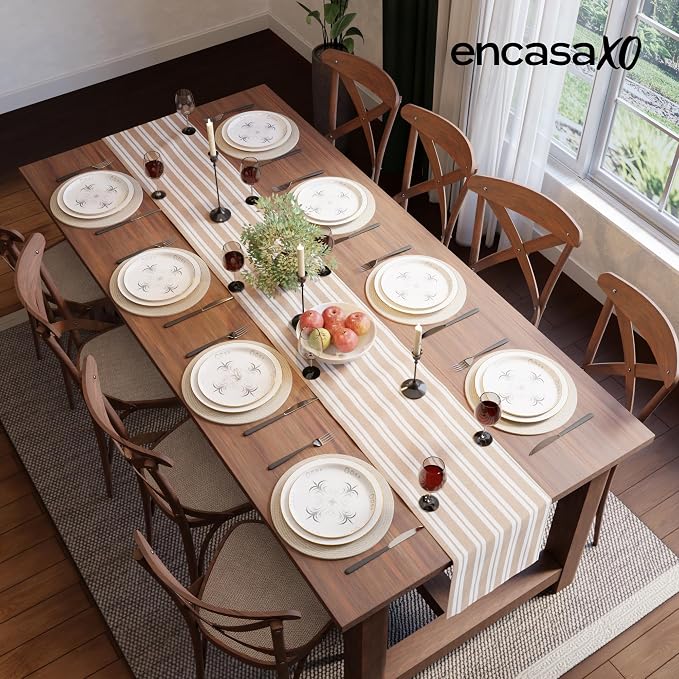 Encasa XO Cotton Dining Table Runner | Franca Beige Stripes | Size 13x72 in - Image 4