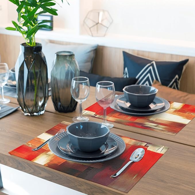 Modern Art Placemats Set of 4 Red Abstract Painting Place Mats Washable Linen - Image 4