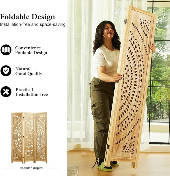 Room Divider Wood Carved Wall Divider Indoor Folding Bohemian Style Portable - Image 4