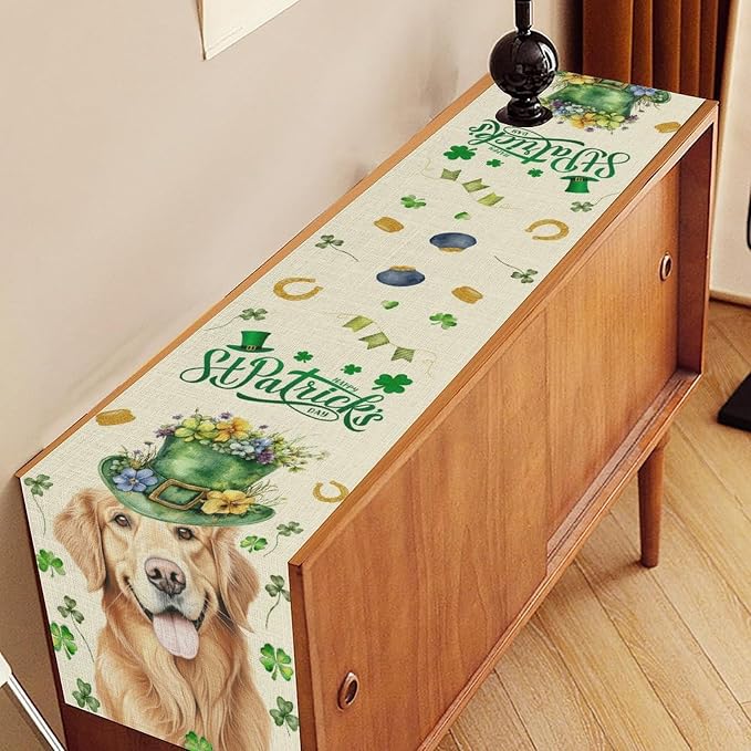 St.Patrick's Day Table Runner, Sharmrock Dog Hat Golden Retriever Beige Rustic - Image 2