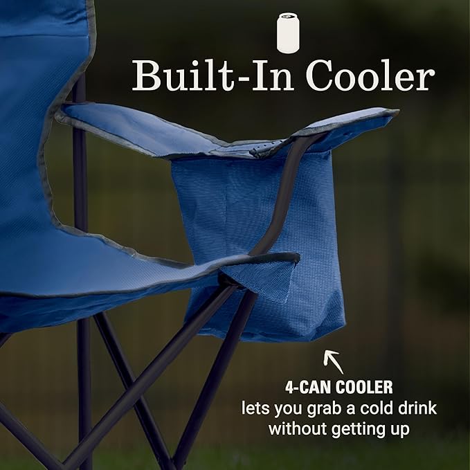 Camping Chair, Blue Folding Design with 4-Can Cooler and 325 lb Capacity
