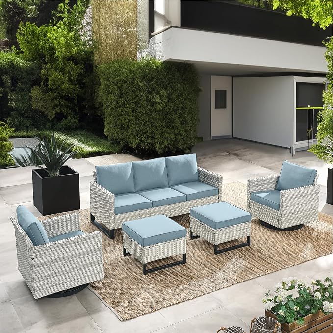 HUMMUH Outdoor Ottomans for Patio Set of 2 PE Wicker Outdoor Footstool - Image 2