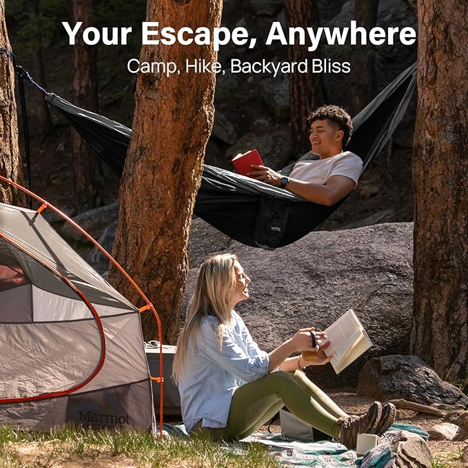 Hammock, Single-Person Nylon Camping Hammock, Black and Grey with Tree Straps