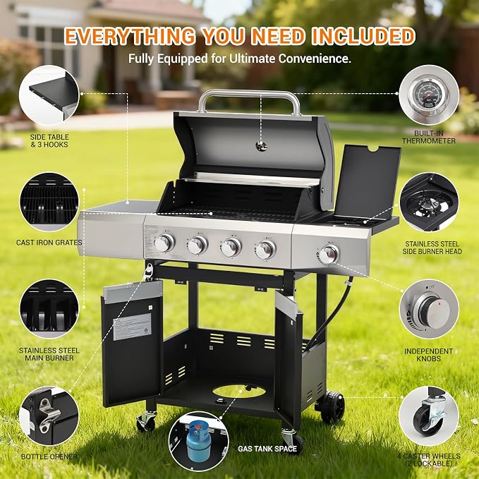 Upgraded 51, 000 BTU Stainless Steel Burner Barbecue Grill, 4 Burner BBQ - Image 6
