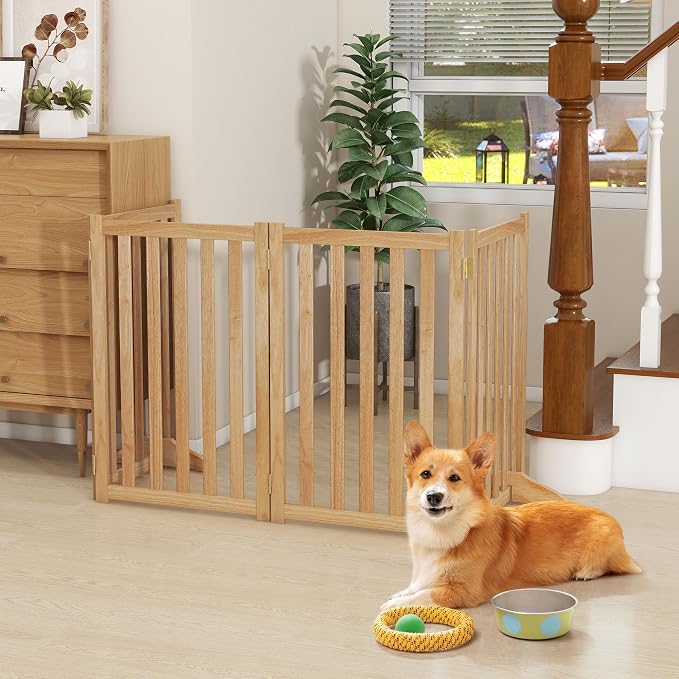 30" Height Tall Freestanding Pet Gate, Solid Wood Folding Safety Fence Wooden - Image 2