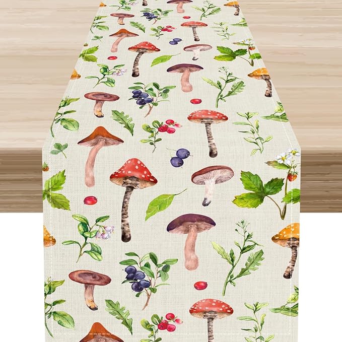 Mushroom Table Runner, Rustic Farmhouse Forest Plants Botanical Wildfloral by Unknown