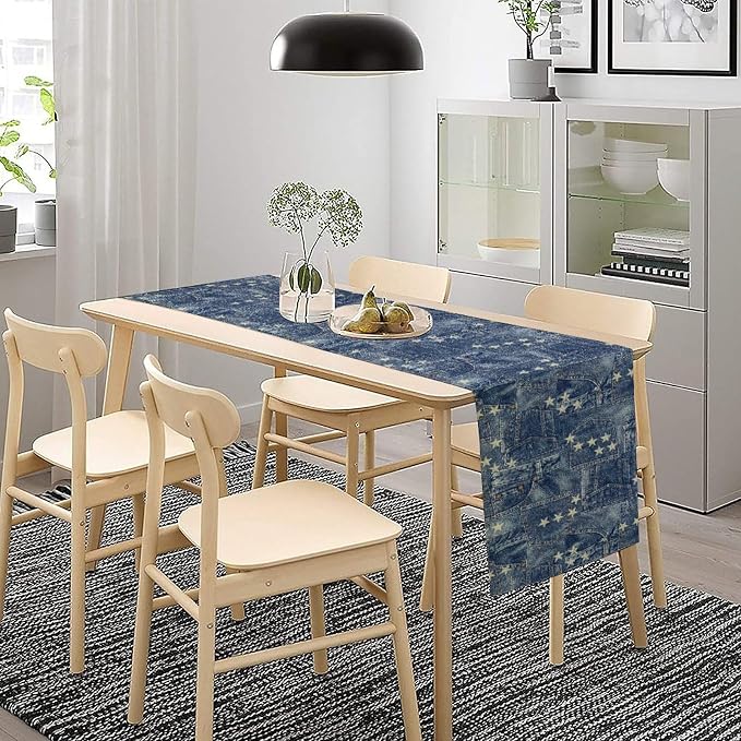 Patchwork Table Runner, Vintage Romance Jeans Pentagram Splicing Print Table - Image 2
