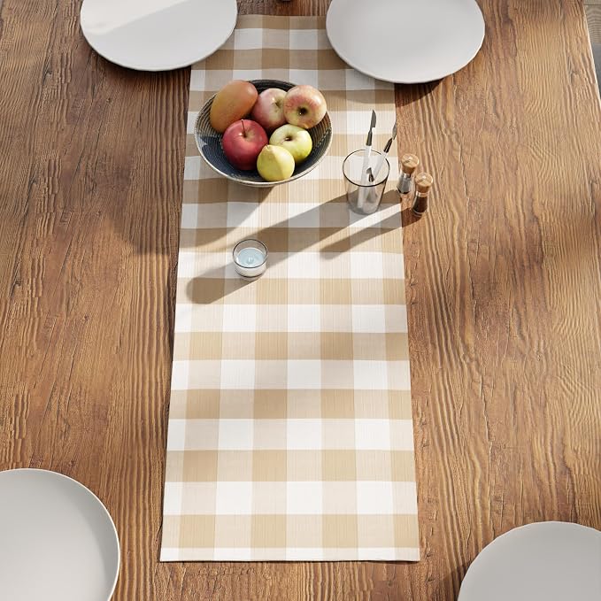 Encasa XO Cotton Dining Table Runner | Buffalo Beige Checks | Size 13x36 in by EncasaXO
