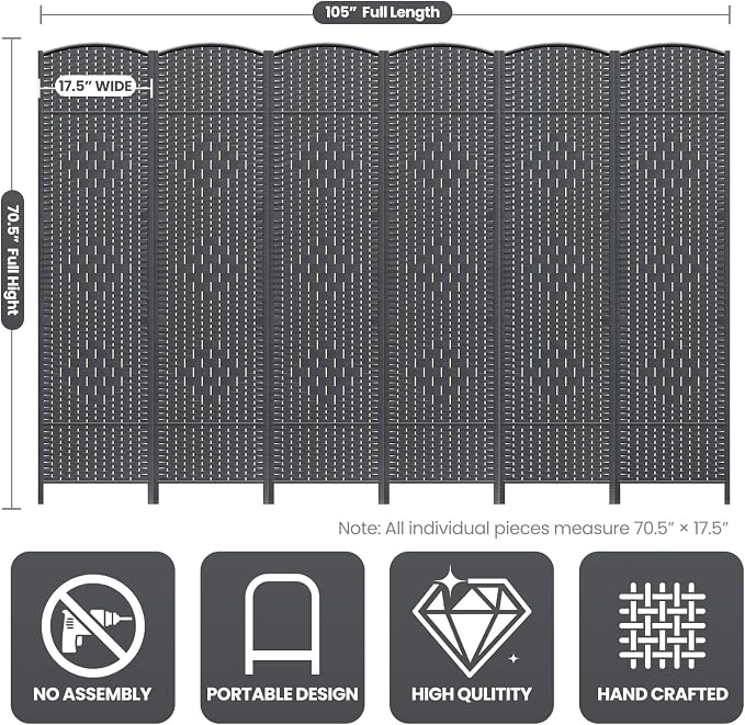 6 Panel Room Divider, 6Ft Folding Privacy Screen, Tall - Image 3