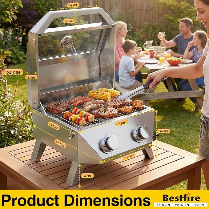 BESTFIRE 2-Burner Tabletop Propane Grill, 20000 BTU Stainless Steel Portable BBQ - Image 2