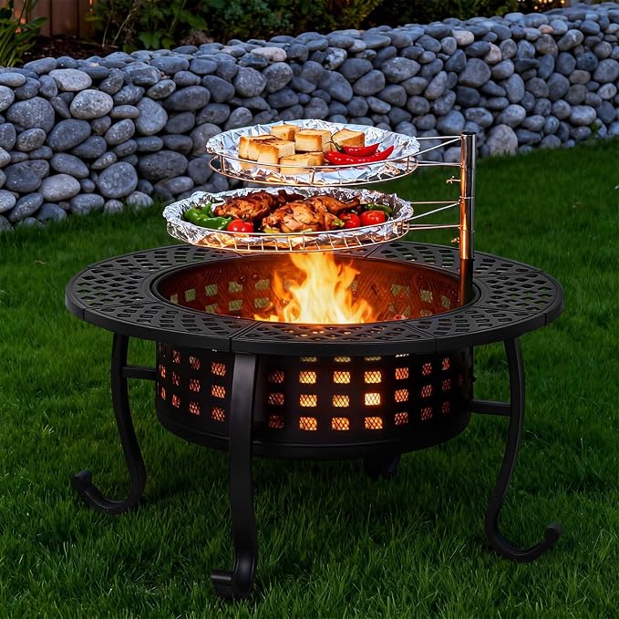 FDW 36 Inch Fire Pit with 2 Adjustable Grills, Wood Burning Outdoor Fire Pit - Image 2