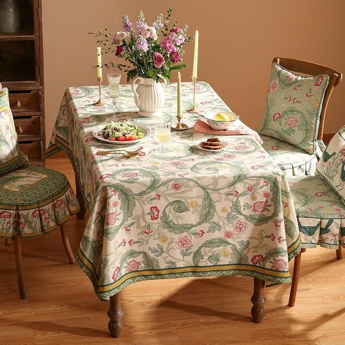 patdrea Designer Linen Small Green Square Tablecloth, Leaves Pattern Floral - Image 3