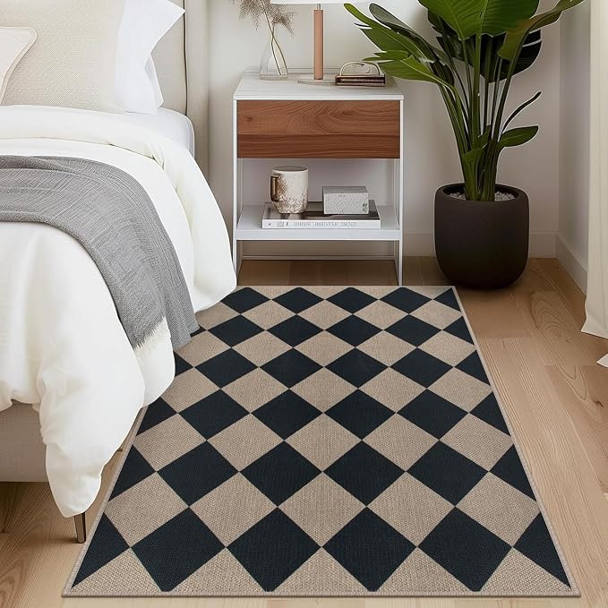 Easy Jute Checkered Area Rug, 3x5 Indoor Outdoor Door Mat Washable Black Modern - Image 5