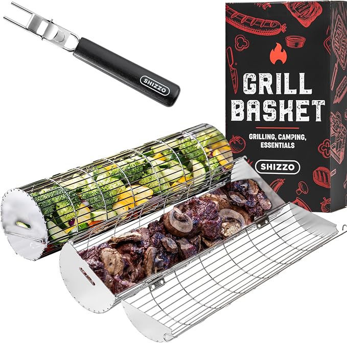Rolling Grill Basket, New Opening Design, Extra Sturdy Cylinder Grilling Basket by SHIZZO