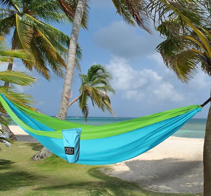 Hammocks: Extra Large Double Camping Hammock in Sky Blue and Lime Green