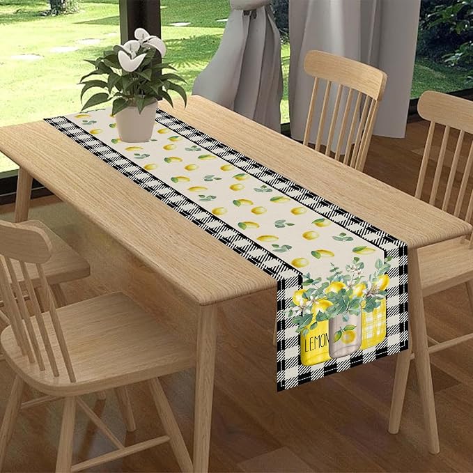 Lemon Table Runner, Farmhouse Black Buffalo Plaid Seasonal Summer Spring Fruits - Image 2