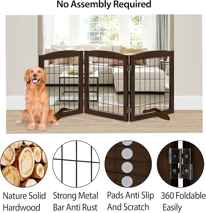 LZRS 3-Panel Freestanding Adjustable Wooden Dog Gate—30" Tall Foldable Pet - Image 3