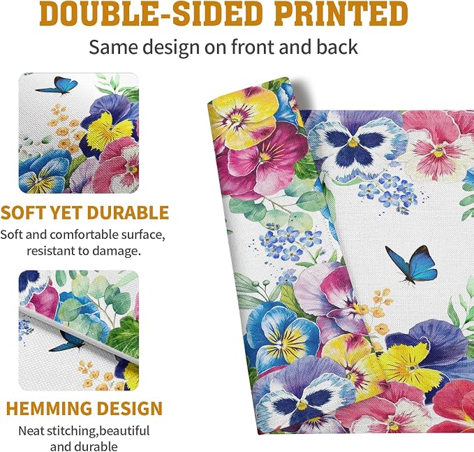 Watercolor Flowers Placemats Set of 4 Spring Summer Floral Butterfly Linen - Image 5