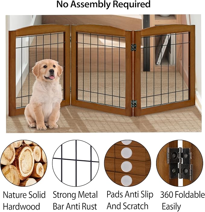 LZRS 3-Panel Freestanding Foldable Wooden Dog Gate –Solid Wood & Steel Wire - Image 3