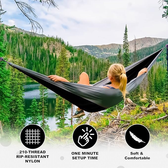 Camping Hammock for Two, 500 lb Capacity, Black and Grey Finish