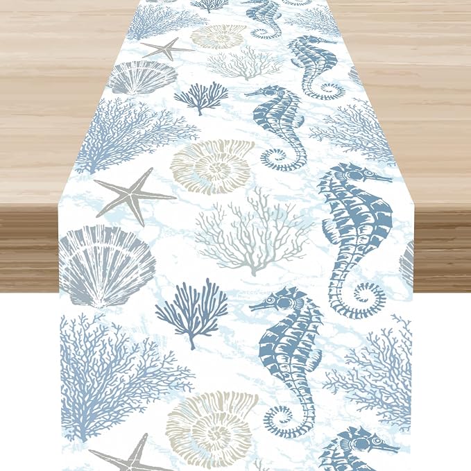 Nautical Table Runner, Summer Coastal Starfish Seashells Coral Seahorse by Unknown