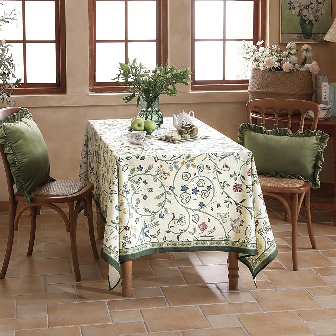 Linen Table Cloth Rectangle, Wrinkle Resistant French White and Green - Image 7