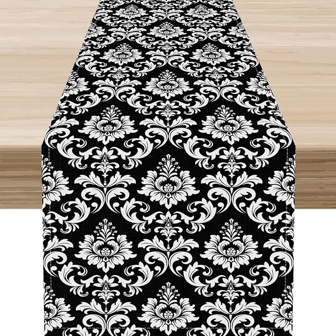 Black Damask Table Runner, Rustic Gothic Baroque Style Floral Boho Flower by Unknown