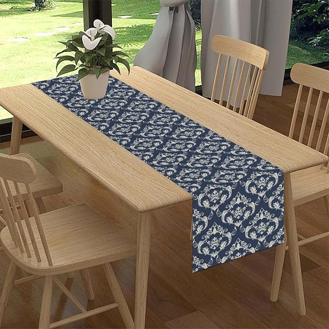 Blue Damask Table Runner, Rustic Gothic Baroque Style Floral Bohemian Boho - Image 2