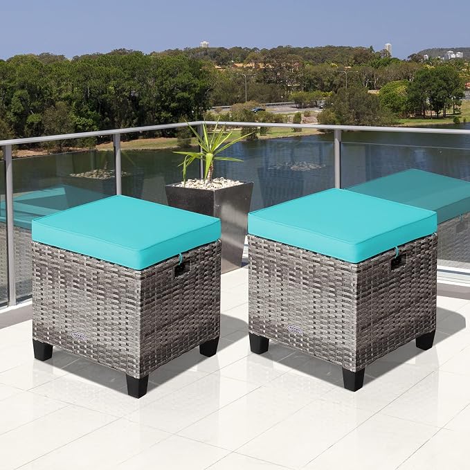 Tangkula 2 Pieces Patio Rattan Ottomans, Outdoor Wicker Footstool Footrest Seat - Image 5
