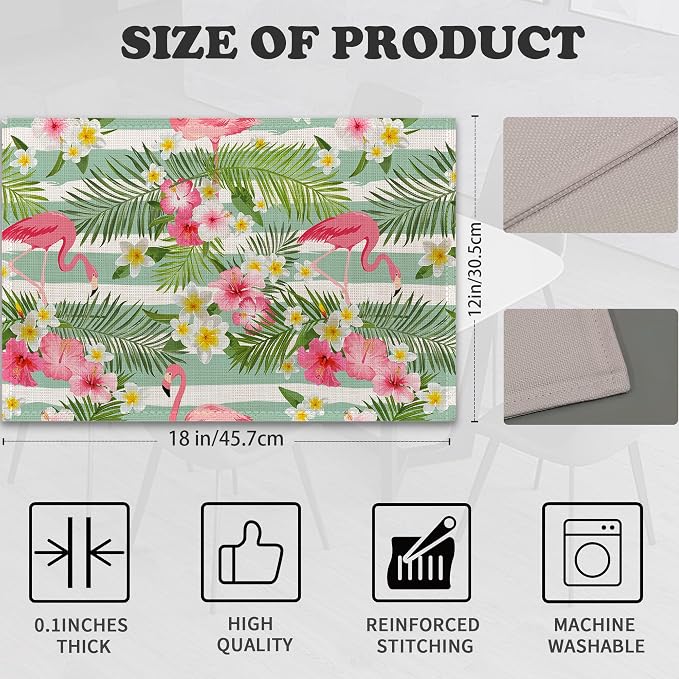 Flamingo Flowers Linen Placemats Set of 6, 12x18 Inch Tropical Leaves Washable - Image 2
